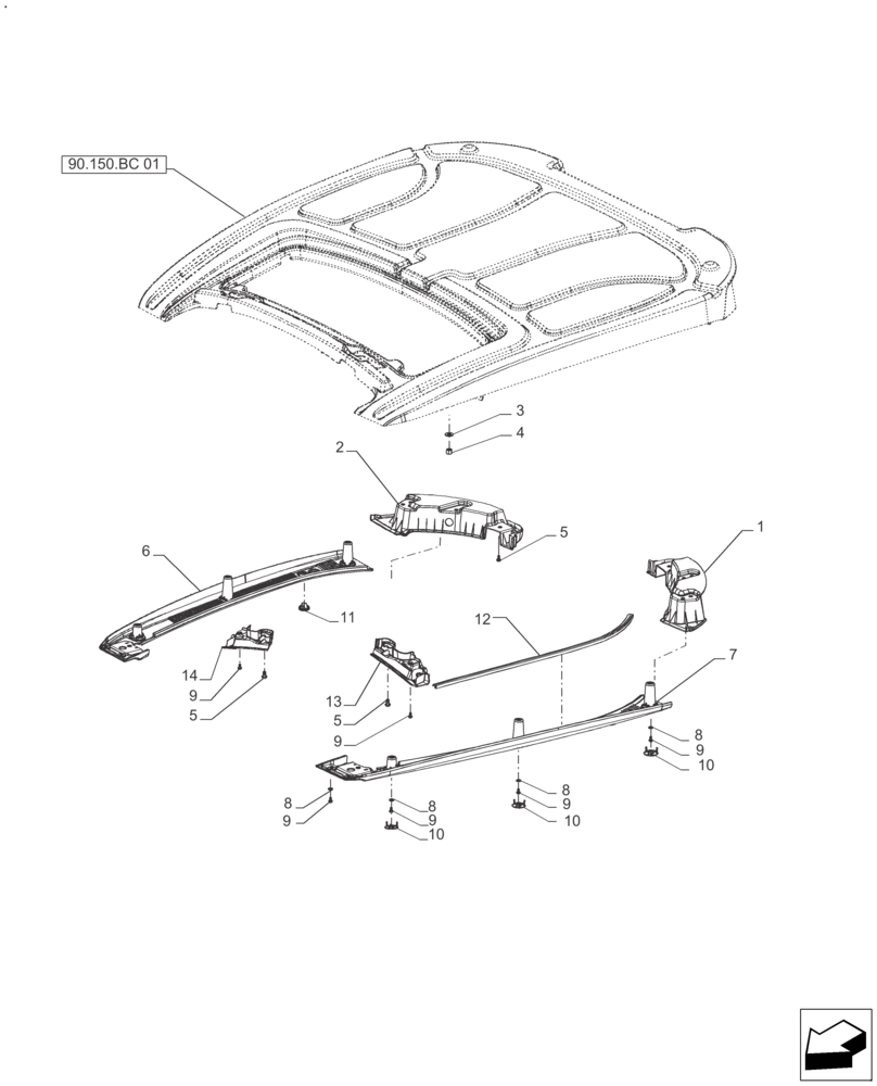 Схема запчастей Case IH FARMALL 140A - (90.150.BC[02]) - VAR - 334743 - ROOF, HATCH, HINGE (90) - PLATFORM, CAB, BODYWORK AND DECALS