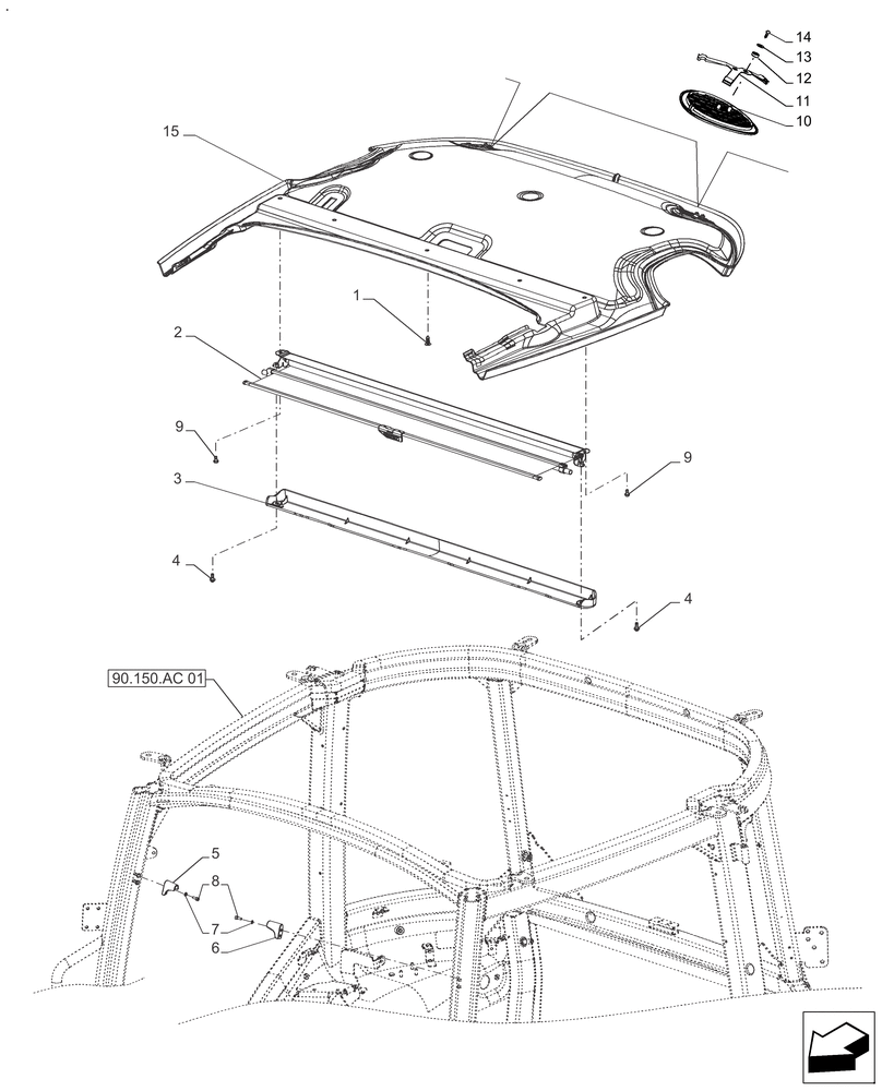 Схема запчастей Case IH FARMALL 140A - (90.150.BC[03]) - VAR - 334743 - ROOF HATCH (90) - PLATFORM, CAB, BODYWORK AND DECALS