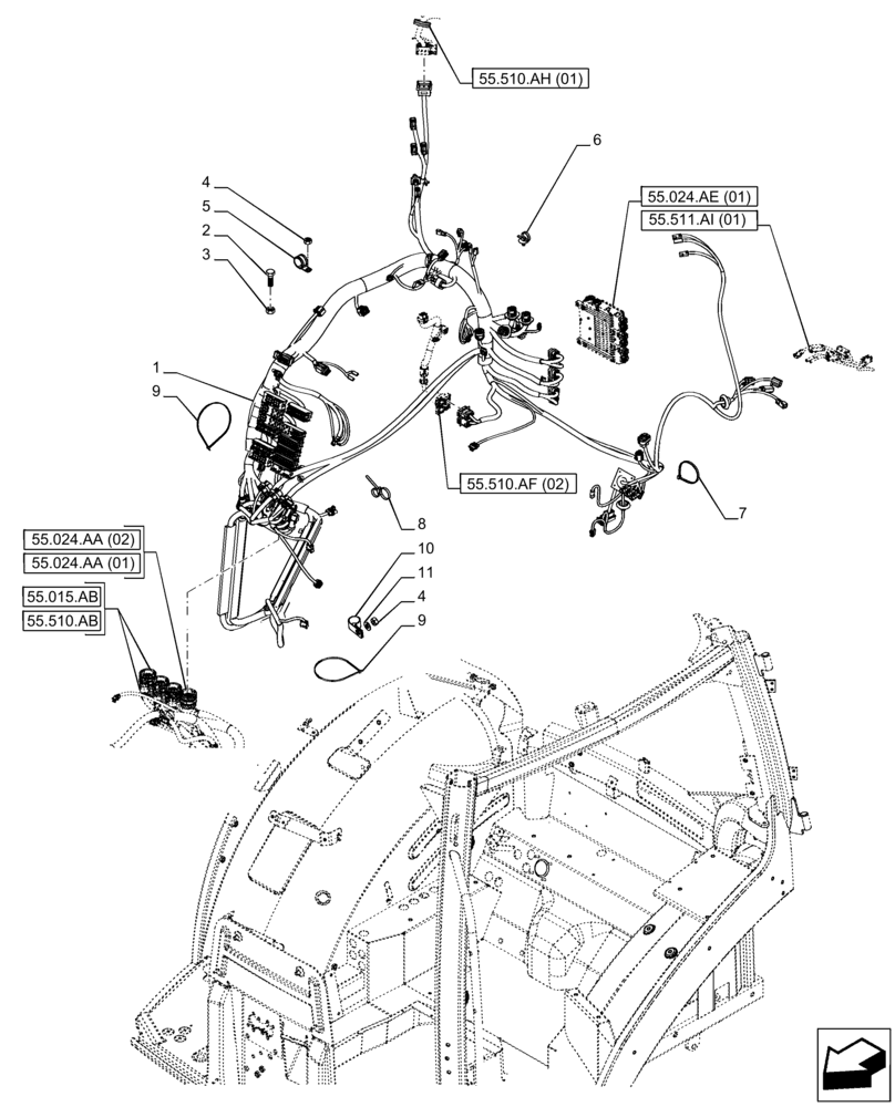 Схема запчастей Case IH PUMA 165 CVT - (55.510.AF[01]) - VAR - 332722, 332723, 392114, 392115 - CAB MAIN WIRE HARNESS (55) - ELECTRICAL SYSTEMS