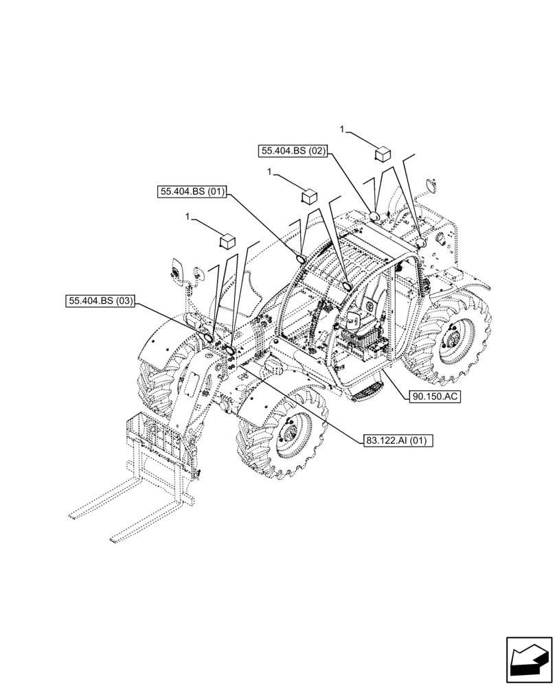 Схема запчастей Case IH FARMLIFT 742 - (55.404.BS[04]) - VAR - 749396, 749727, 749728 - WORK LIGHT, COVER (55) - ELECTRICAL SYSTEMS