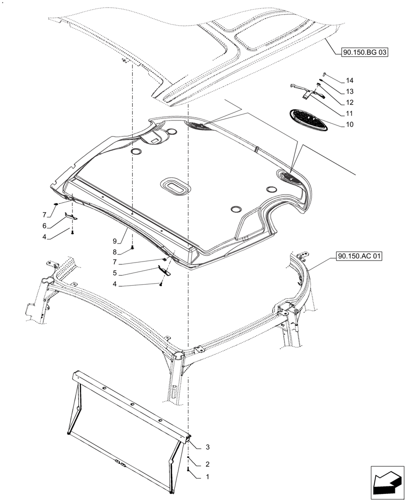 Схема запчастей Case IH FARMALL 140A - (90.151.AE) - VAR - 391126 - ROOF (90) - PLATFORM, CAB, BODYWORK AND DECALS