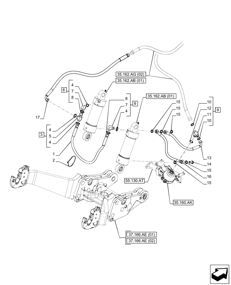 Схема запчастей Case IH PUMA 150 CVT - (35.162.AG[01]) - VAR - 758088, 758089, 758090, 758091, 758092, 758093 - 3 POINT HITCH, FRONT, CYLINDER, LINE (35) - HYDRAULIC SYSTEMS