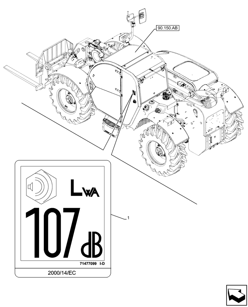 Схема запчастей Case IH FARMLIFT 742 - (90.108.AC[18]) - VAR - 749280, 749396, 749727, 749728 - DECAL, ACOUSTIC LEVEL (90) - PLATFORM, CAB, BODYWORK AND DECALS