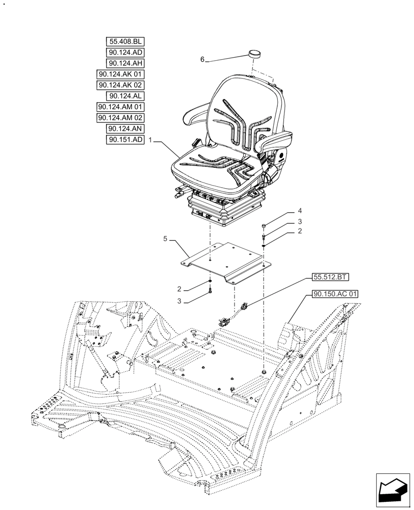 Схема запчастей Case IH FARMALL 140A - (90.124.AE[04]) - VAR - 336923 - DRIVER SEAT, SEAT PEDESTAL & AIR SUSPENSION (90) - PLATFORM, CAB, BODYWORK AND DECALS