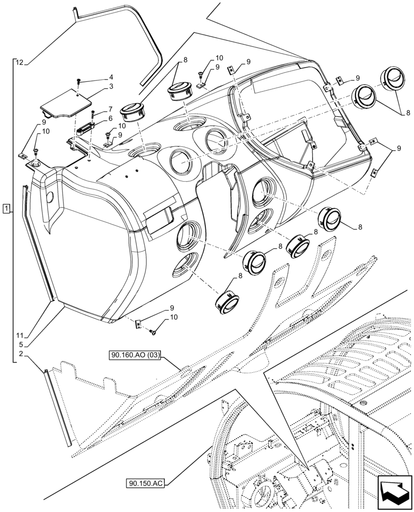 Схема запчастей Case IH FARMLIFT 735 - (90.160.AO[01A]) - INSTRUMENT CLUSTER, FRONT - BEGIN DATE 29 APRIL 2014 (90) - PLATFORM, CAB, BODYWORK AND DECALS