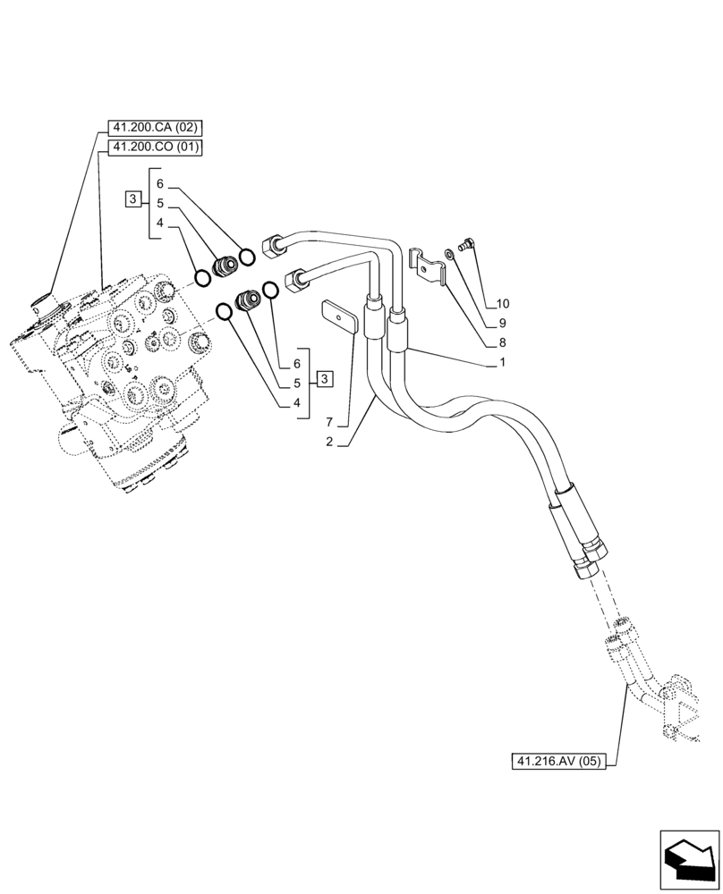 Схема запчастей Case IH PUMA 185 - (41.216.AV[09]) - VAR - 758267, 758271, 758278 - STEERING CYLINDER HYD. LINE, POWERSHIFT - END YR 16-APR-2014 (41) - STEERING