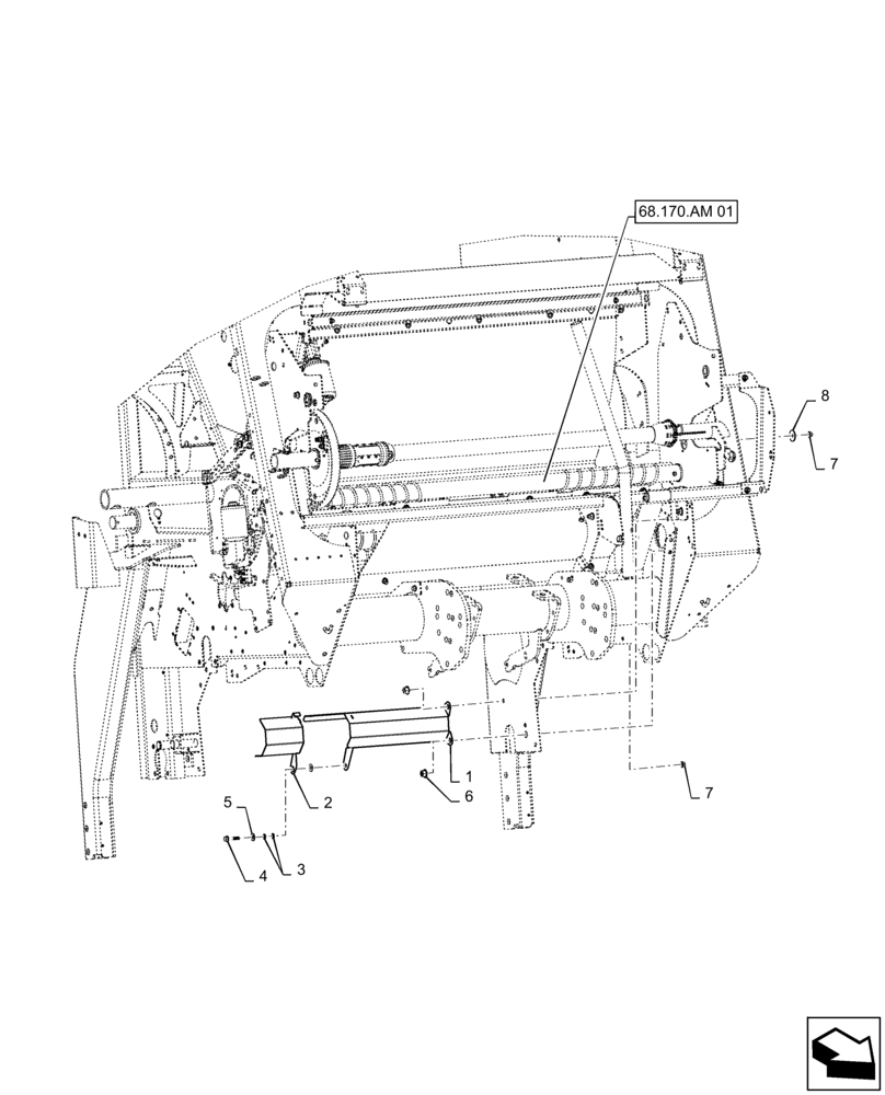 Схема запчастей Case IH RB455 - (68.170.AM[03]) - NET WRAP STATIONARY ROLL BRAKE TENSIONER MOUNTING PARTS (68) - TYING/WRAPPING