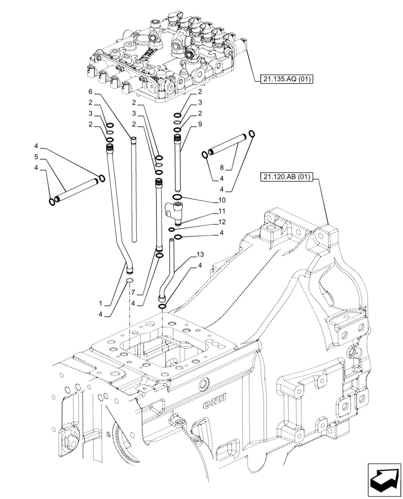 Схема запчастей Case IH PUMA 220 - (21.135.AQ[05]) - VAR - 337427, 337428, 337429, 337430, 337431, 337432, 391137, 758017, 758018, 758019, 758020, 758021 - TRANSMISSION CONTROL VALVE, TUBE (21) - TRANSMISSION