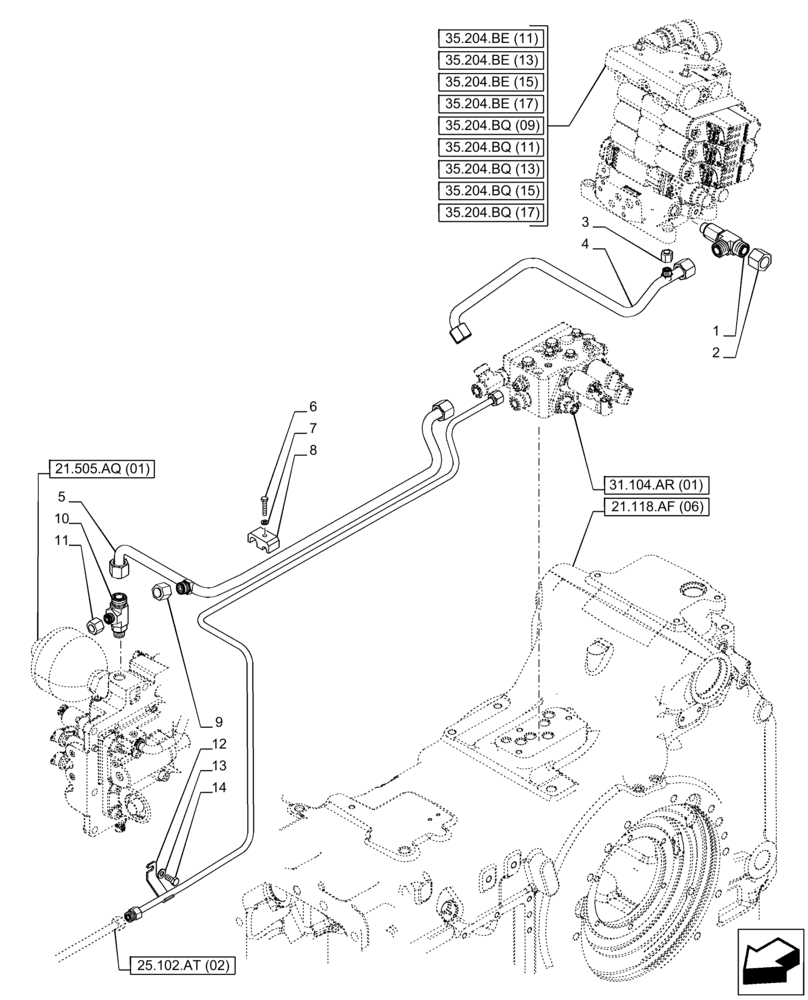 Схема запчастей Case IH PUMA 150 CVT - (35.322.AY[16]) - VAR - 391138, 758022 - TRANSMISSION, LOW PRESSURE, LINE (35) - HYDRAULIC SYSTEMS