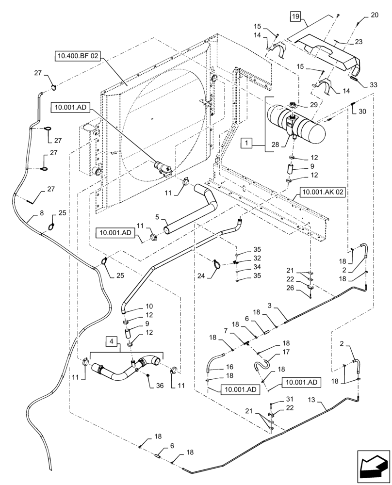 Схема запчастей Case IH 8240 - (10.400.AK[02]) - COOLING SYSTEM LINE, COOLANT EXPANSION RESERVOIR (10) - ENGINE