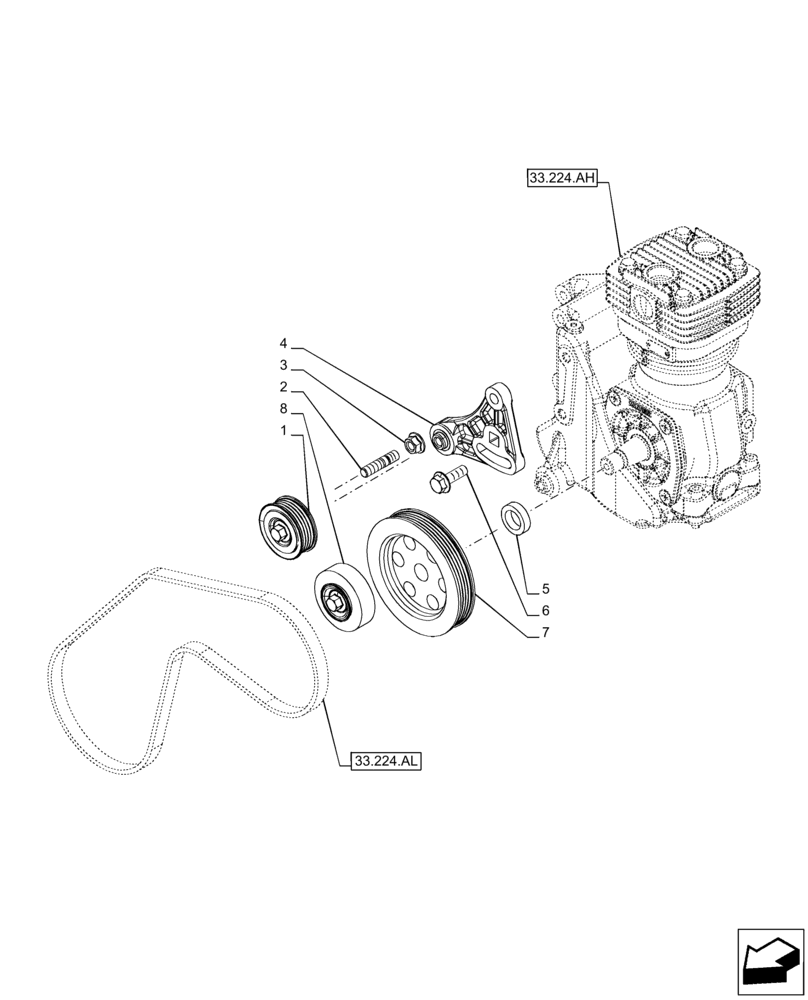 Схема запчастей Case IH PUMA 165 - (33.224.AO) - VAR - 758038, 758039, 758041, 758042, 758043, 758044 - TRAILER BRAKE, COMPRESSOR, PULLEY (33) - BRAKES & CONTROLS