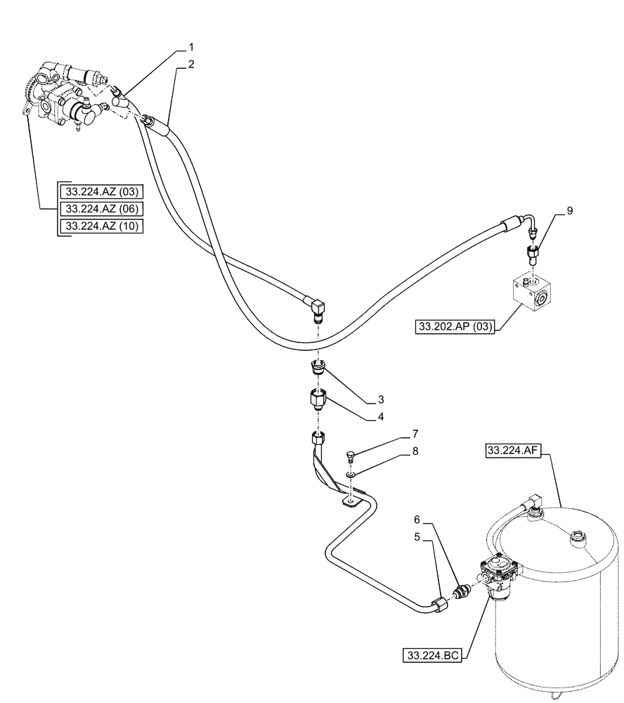 Схема запчастей Case IH PUMA 185 CVT - (33.224.AQ[03]) - VAR - 758038, 758039, 758041, 758042, 758043, 758044 - TRAILER BRAKE, COMPRESSOR, INLINE (33) - BRAKES & CONTROLS