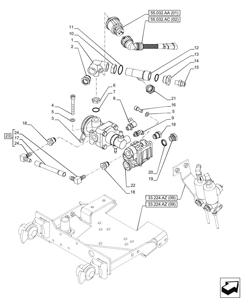 Схема запчастей Case IH PUMA 185 CVT - (33.224.AZ[10]) - VAR - 758043, 758044 - TRAILER BRAKE VALVE (33) - BRAKES & CONTROLS
