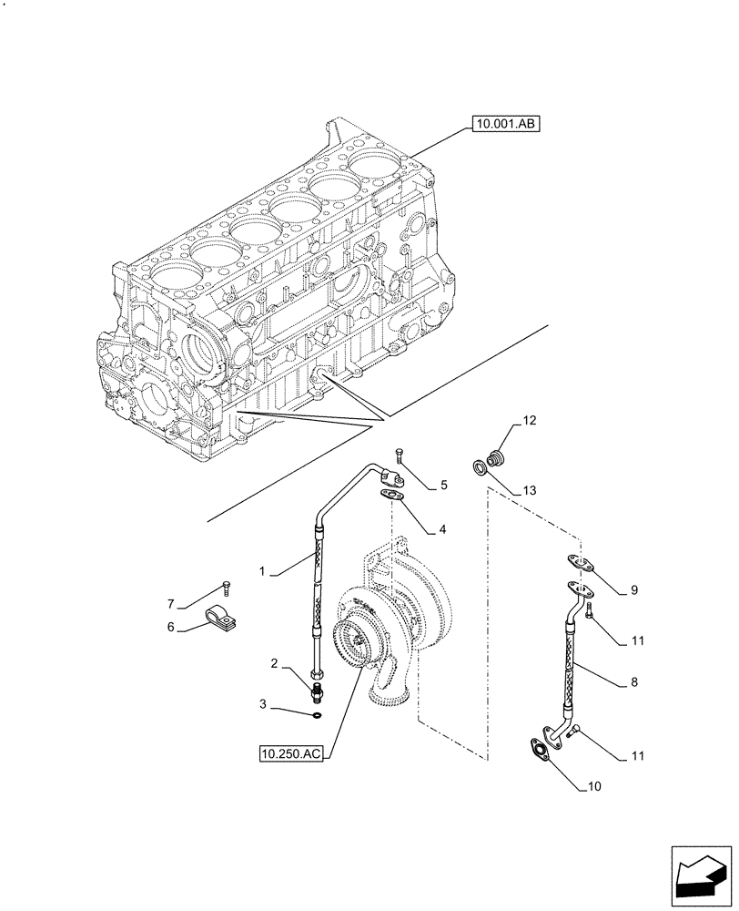 Схема запчастей Case IH F3GFE613A B001 - (10.250.AD) - TURBOCHARGER LUBE LINE (10) - ENGINE