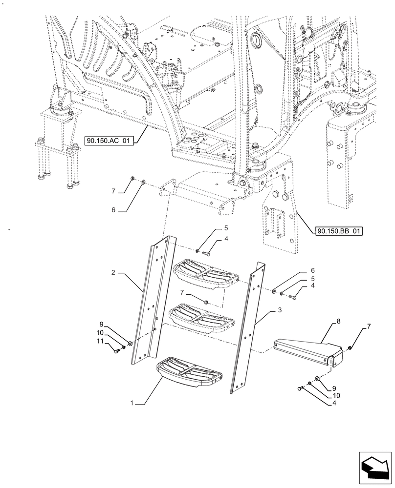 Схема запчастей Case IH FARMALL 140A - (90.118.CE[02]) - VAR - 390460, 337102, 391610 - OPERATORS LADDER, RIGHT SIDE (90) - PLATFORM, CAB, BODYWORK AND DECALS