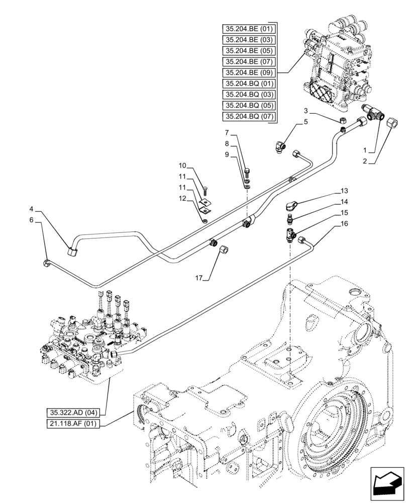 Схема запчастей Case IH PUMA 165 - (35.322.AY[05]) - VAR - 758016, 758017, 758018, 758019, 758020, 758021 - TRANSMISSION, LOW PRESSURE, LINE (35) - HYDRAULIC SYSTEMS