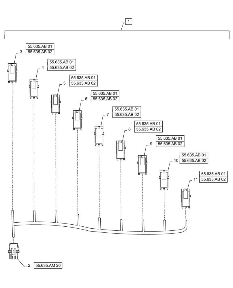 Схема запчастей Case IH PATRIOT 4440 - (55.635.AM[06]) - AIM COMMAND, 90/100 6 SECTION INNER HARNESS, 9 NOZZLE (55) - ELECTRICAL SYSTEMS