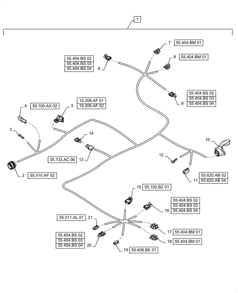 Схема запчастей Case IH QUADTRAC 540 - (55.100.BZ[02]) - REAR FRAME HARNESS (55) - ELECTRICAL SYSTEMS