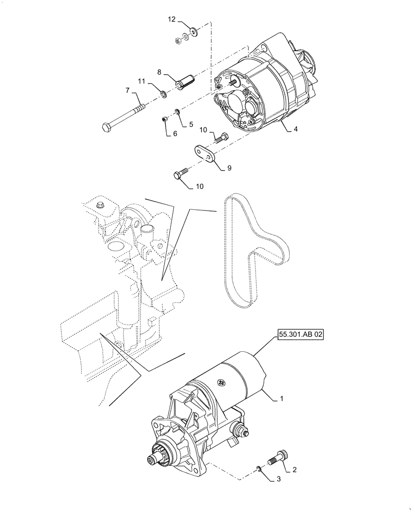 Схема запчастей Case IH RP65 - (55.301.AB[01]) - STARTER & ALTERNATOR MOUNTING (55) - ELECTRICAL SYSTEMS