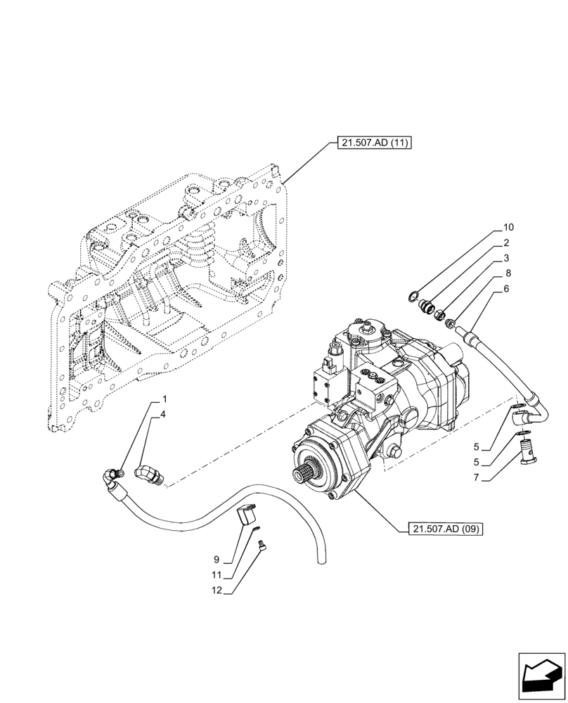 Схема запчастей Case IH PUMA 200 CVT - (21.507.AD[10]) - VAR - 337427, 391138, 758022 - TRANSMISSION, HYDROSTATIC PUMP, LINE (21) - TRANSMISSION