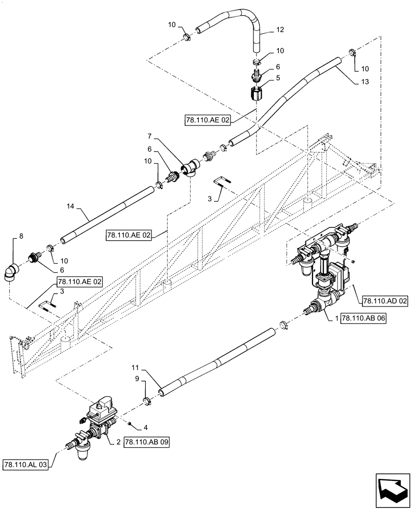 Схема запчастей Case IH PATRIOT 4440 - (78.110.AL[01]) - 90, 5 SECTION, LH INNER BOOM PLUMBING (78) - SPRAYING