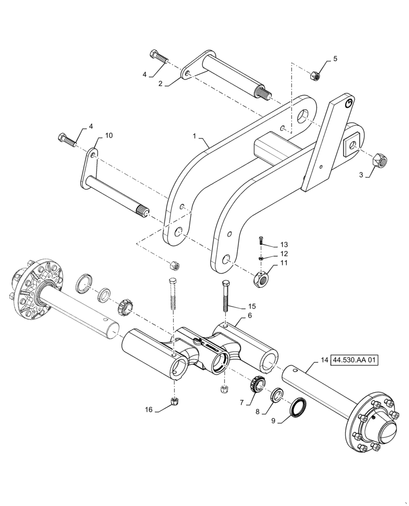 Схема запчастей Case IH TRUE-TANDEM 345 - (44.530.AC[04]) - RIGHT WING PEDISTAL AND TANDEM 8 BOLT (44) - WHEELS