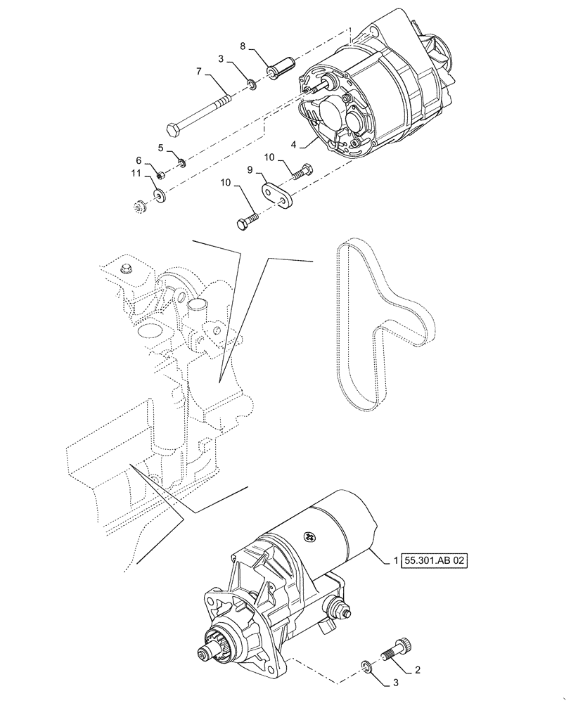 Схема запчастей Case IH RPZ125 - (55.301.AB[01]) - STARTER AND ALTERNATOR MOUNTING (55) - ELECTRICAL SYSTEMS