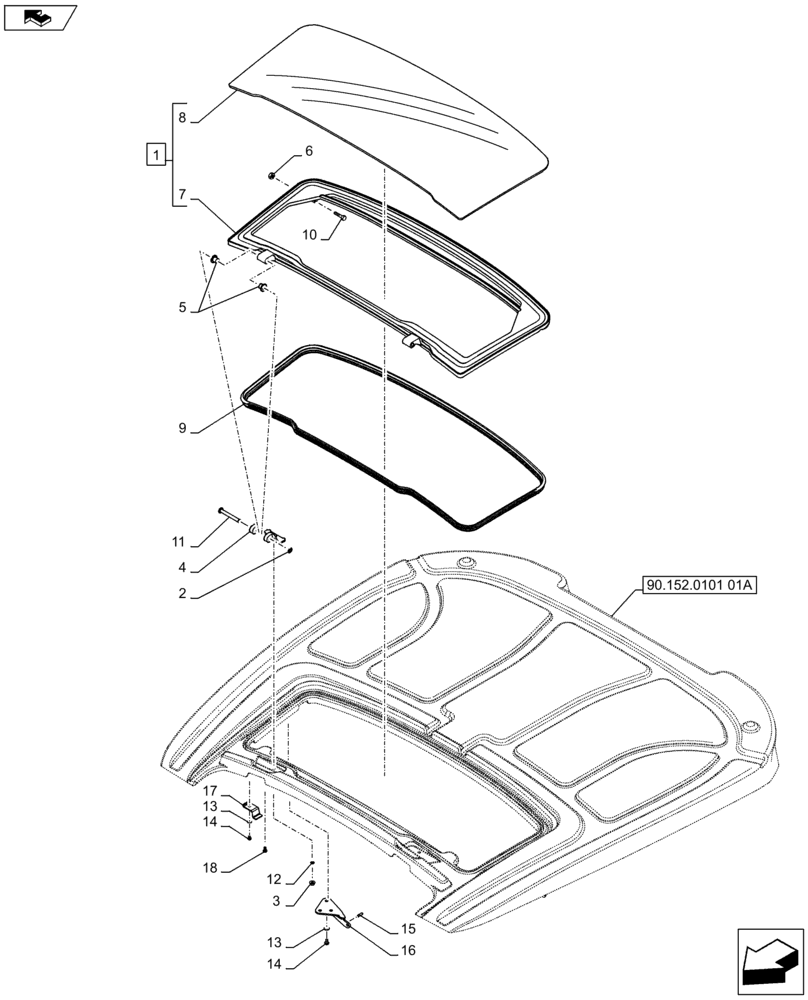 Схема запчастей Case IH FARMALL 75C - (90.154.02[01A]) - CAB WITH HIGH VISIBILITY PANEL - HATCH (VAR.333606 / 743574; VAR.336606-339606) - BEGIN YR 10-OCT-2012 - END YR 05-DEC-2012 (90) - PLATFORM, CAB, BODYWORK AND DECALS