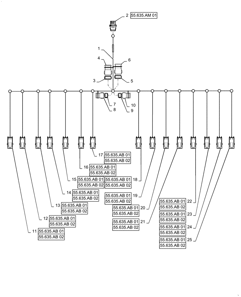 Схема запчастей Case IH 2240 - (55.635.AM[03]) - AIM COMMAND, 80/90, 5 SECTION, INNER HARNESS, 15 NOZZLES (55) - ELECTRICAL SYSTEMS