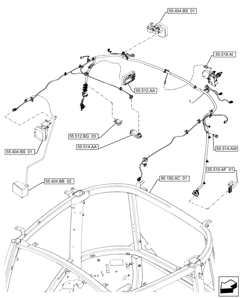 Схема запчастей Case IH FARMALL 110A - (55.510.AH[01]) - VAR - 334743, 391126 - HARNESS, ROOF-MOUNTED, CAB (55) - ELECTRICAL SYSTEMS