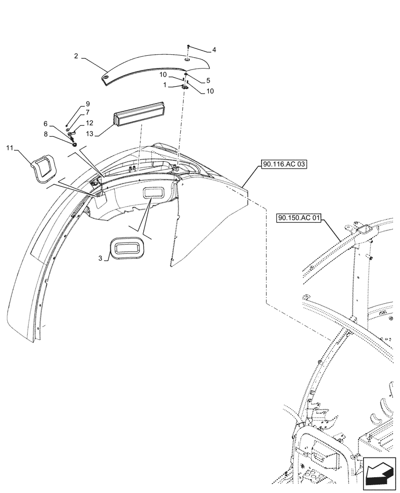 Схема запчастей Case IH FARMALL 110A - (90.116.AC[04]) - VAR - 391610 - REAR FENDER, COVER, CAB (90) - PLATFORM, CAB, BODYWORK AND DECALS
