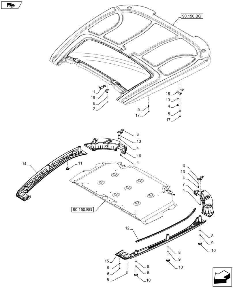 Схема запчастей Case IH FARMALL 105C - (90.150.BG[05A]) - VAR - 743573, 743496, 334179, 334180, 334183, 334185, 334211, 744588, 336606 - CAB ROOF, SUPPORT - ISO - BEGIN YR 10-OCT-2012 (90) - PLATFORM, CAB, BODYWORK AND DECALS