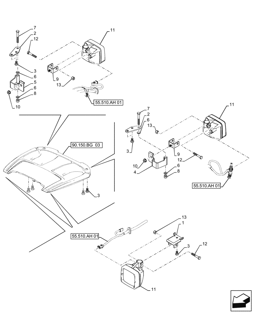 Схема запчастей Case IH FARMALL 110A - (55.404.BS[01]) - VAR - 336924, 390786 - WORK LIGHT, CAB (55) - ELECTRICAL SYSTEMS