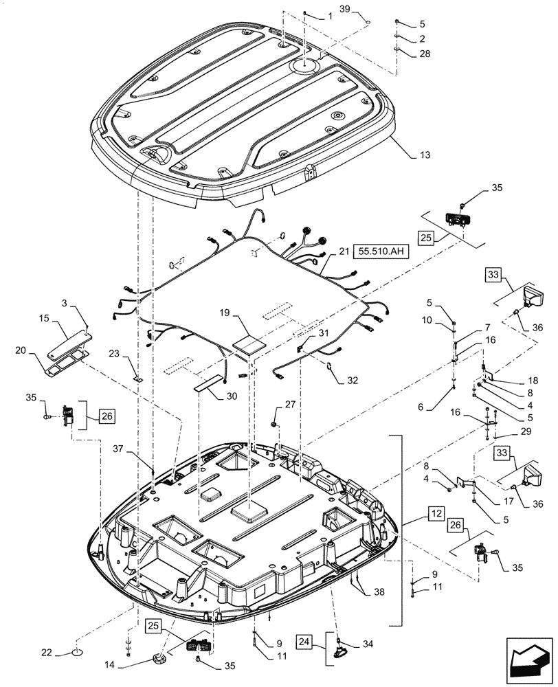 Схема запчастей Case IH QUADTRAC 500 - (90.150.BG[02]) - CAB ROOF, ASN ZEF303001 (90) - PLATFORM, CAB, BODYWORK AND DECALS