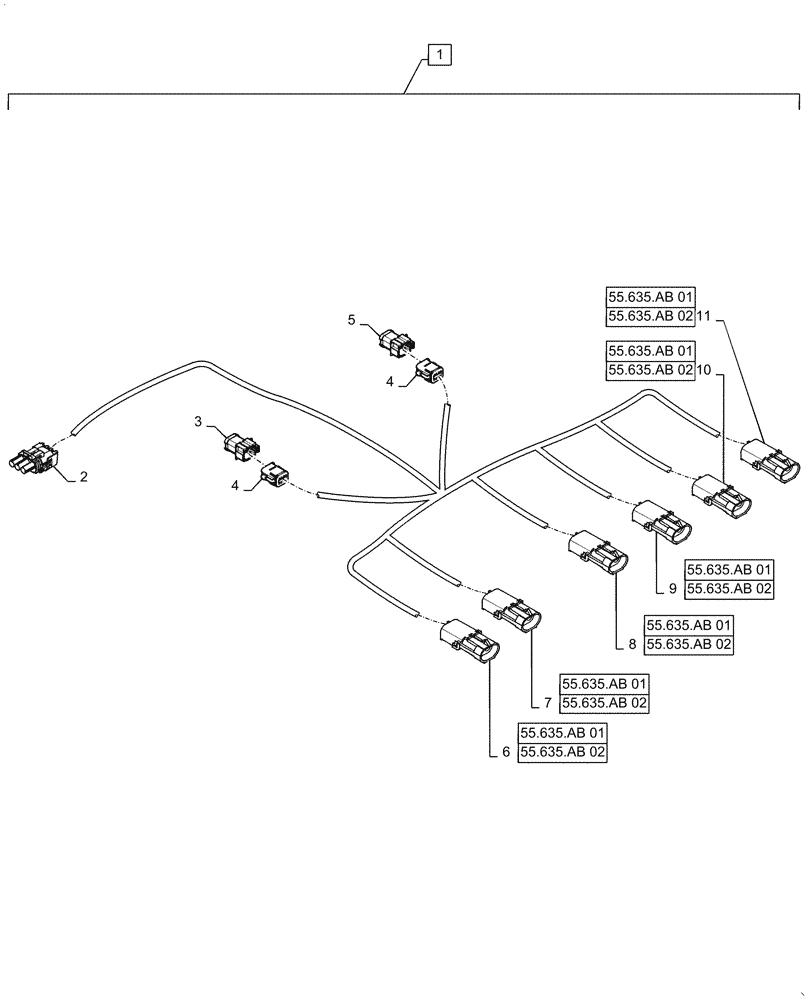 Схема запчастей Case IH 2240 - (55.635.AM[02]) - AIM COMMAND, 80, 5 AND 6 SECTION, OUTER / BREAKAWAY HARNESS, 6 NOZZLE (55) - ELECTRICAL SYSTEMS