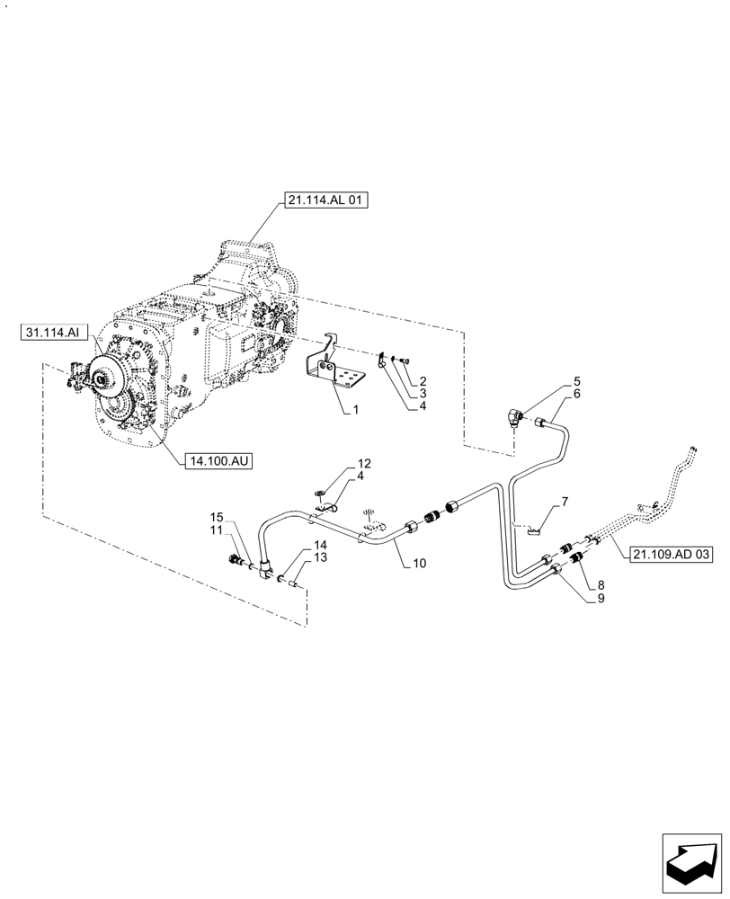 Схема запчастей Case IH FARMALL 140A - (21.109.AD[01]) - VAR - 390340 - TRANSMISSION COOLER LINES, MECHANICAL (21) - TRANSMISSION