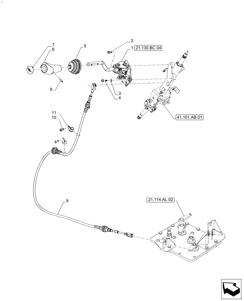 Схема запчастей Case IH FARMALL 110A - (21.130.BC[03]) - VAR - 390340 - TRANSMISSION, CONTROL LEVER (FORWARD/REVERSE), MECHANICAL (21) - TRANSMISSION