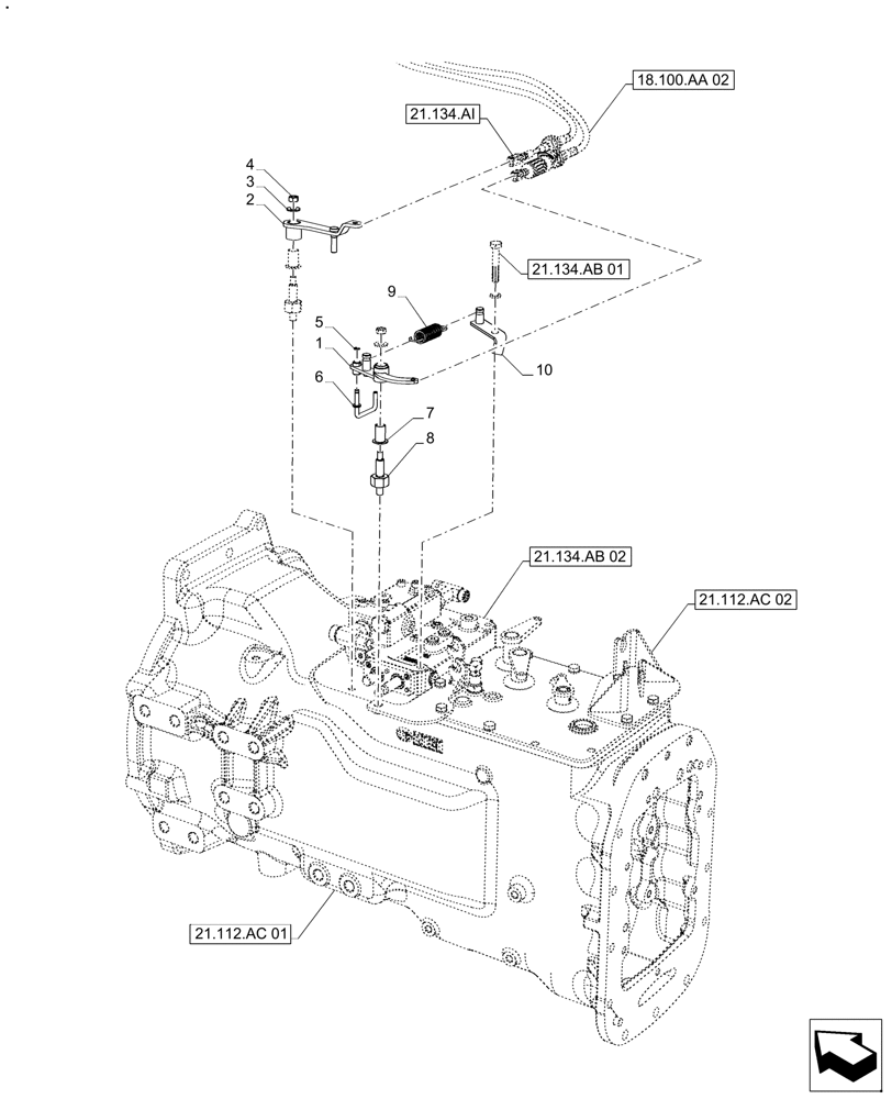 Схема запчастей Case IH FARMALL 130A - (21.134.AH) - VAR - 330059, 330061 - TRANSMISSION, CONTROL, ACTUATOR, POWERSHUTTLE (21) - TRANSMISSION