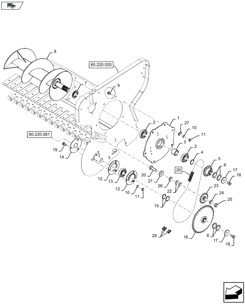 Схема запчастей Case IH LB324R - (60.220.061) - PICK-UP, AUGER TRANSMISSION, LH - D085 (60) - PRODUCT FEEDING