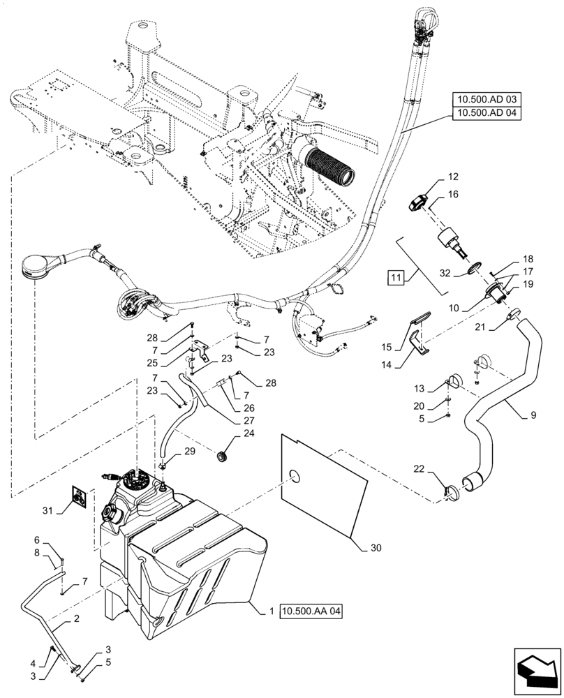 Схема запчастей Case IH QUADTRAC 420 - (10.500.AA[03]) - DEF/ADBLUE TANK LINES, BTW ZEF303001 - ZFF304813 (10) - ENGINE