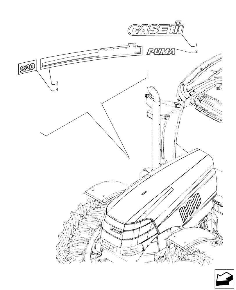 Схема запчастей Case IH PUMA 220 CVT - (90.108.AB[03]) - VAR - 336775 - DECALS, MODEL (90) - PLATFORM, CAB, BODYWORK AND DECALS