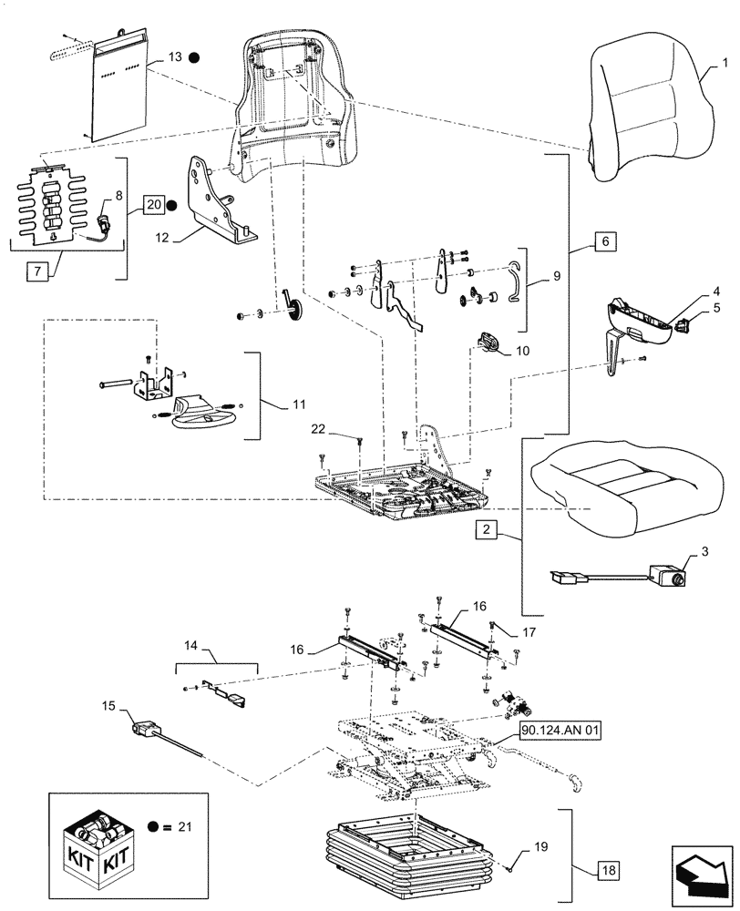 Схема запчастей Case IH STEIGER 620 - (90.124.AF[01]) - VAR - 391606, 420001 - SEAT CUSHION & ARMREST, CLOTH SEAT (90) - PLATFORM, CAB, BODYWORK AND DECALS
