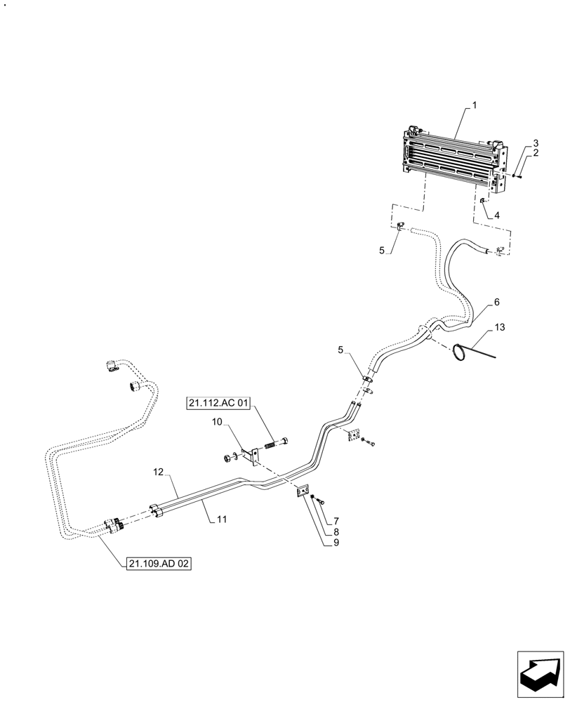 Схема запчастей Case IH FARMALL 110A - (21.109.AD[04]) - VAR - 330059, 330061, 390340 - TRANSMISSION, COOLER, LINES, POWERSHUTTLE (21) - TRANSMISSION