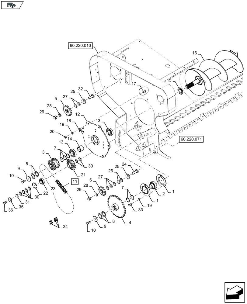 Схема запчастей Case IH LB324S - (60.220.031) - PICK-UP, AUGER TRANSMISSION, RH - D085 (60) - PRODUCT FEEDING