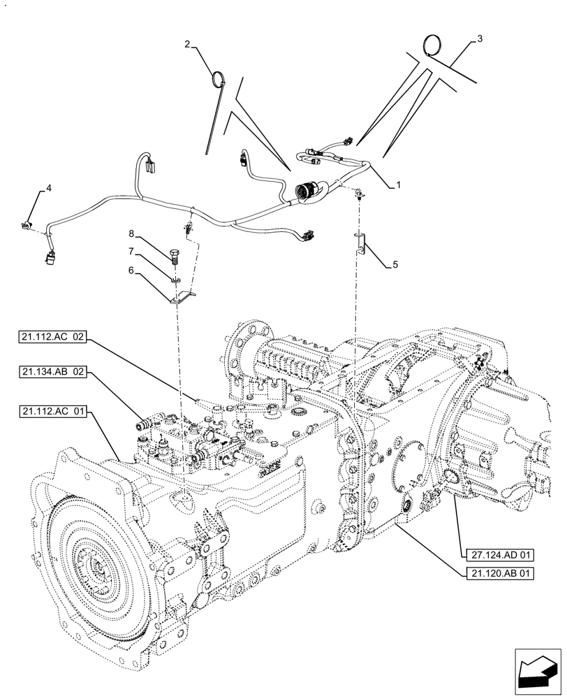 Схема запчастей Case IH FARMALL 110A - (55.024.AA[03]) - VAR - 393315, 390266 - TRANSMISSION, HARNESS, W/O CAB (55) - ELECTRICAL SYSTEMS