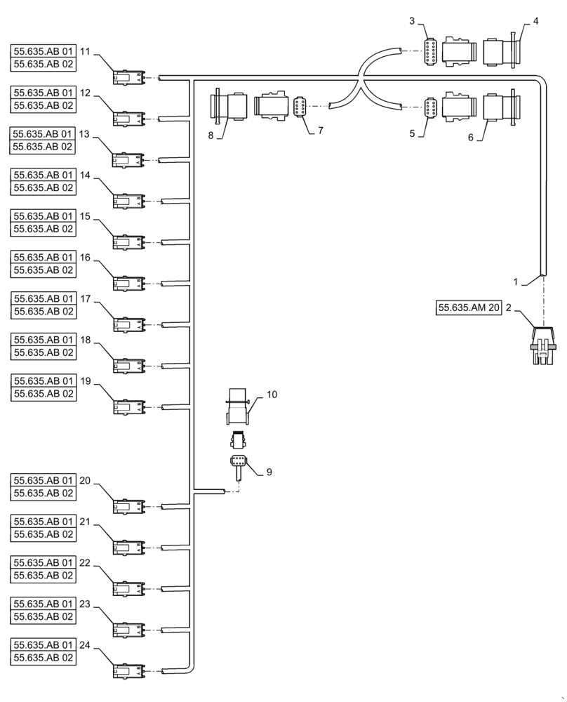 Схема запчастей Case IH PATRIOT 4440 - (55.635.AM[27]) - AIM COMMAND HARNESS, 7 SECTION, 120 BOOM, INNER SECTION, 14 NOZZLE (55) - ELECTRICAL SYSTEMS