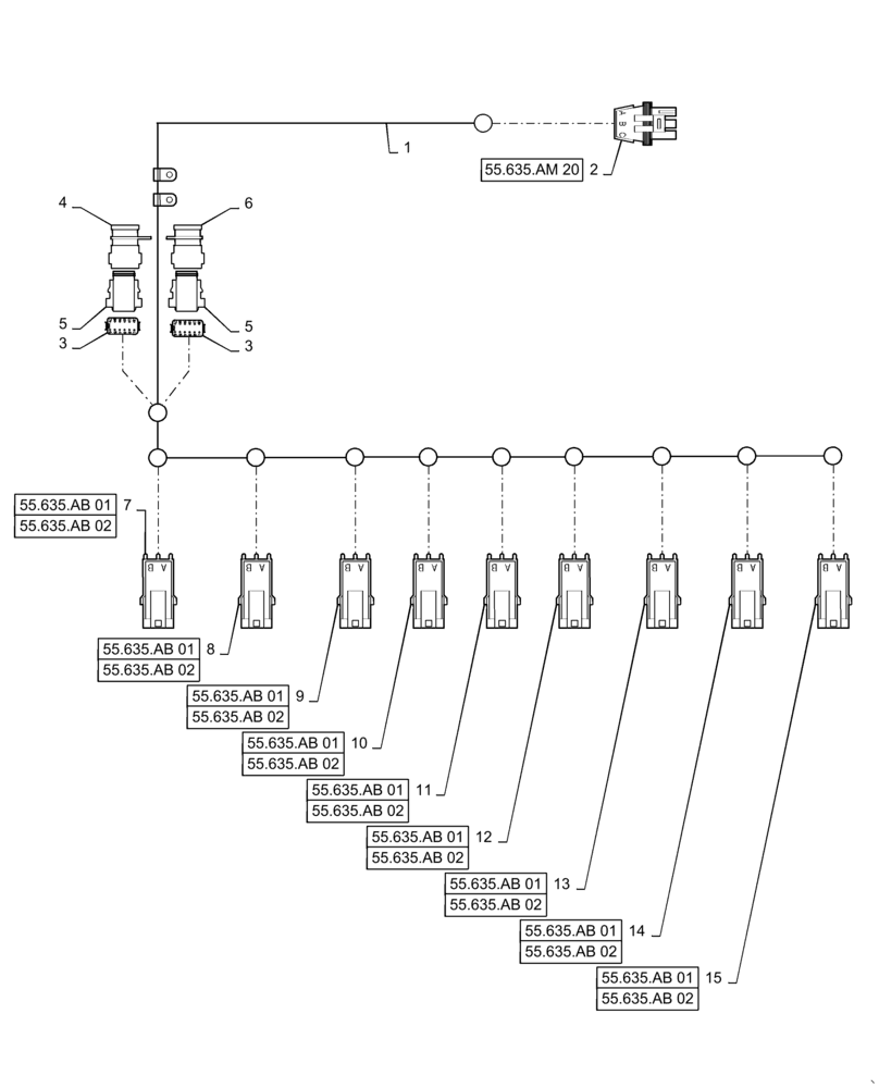 Схема запчастей Case IH PATRIOT 3340 - (55.635.AM[23]) - AIM COMMAND, 120, 7 SECTION, MIDDLE HARNESS, 9 NOZZLE (55) - ELECTRICAL SYSTEMS