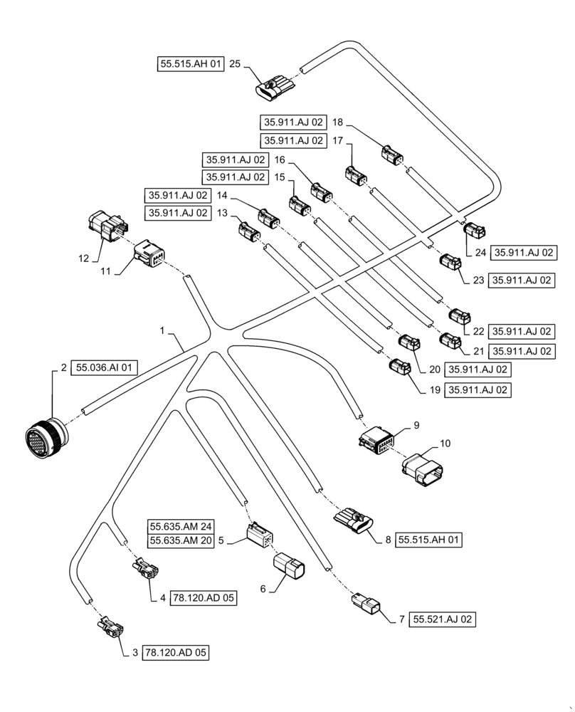 Схема запчастей Case IH PATRIOT 4440 - (55.635.AM[23]) - HYDRAULIC CONTROL HARNESS, BOOM CENTER SECTION, USED BSN YGT042519 (55) - ELECTRICAL SYSTEMS