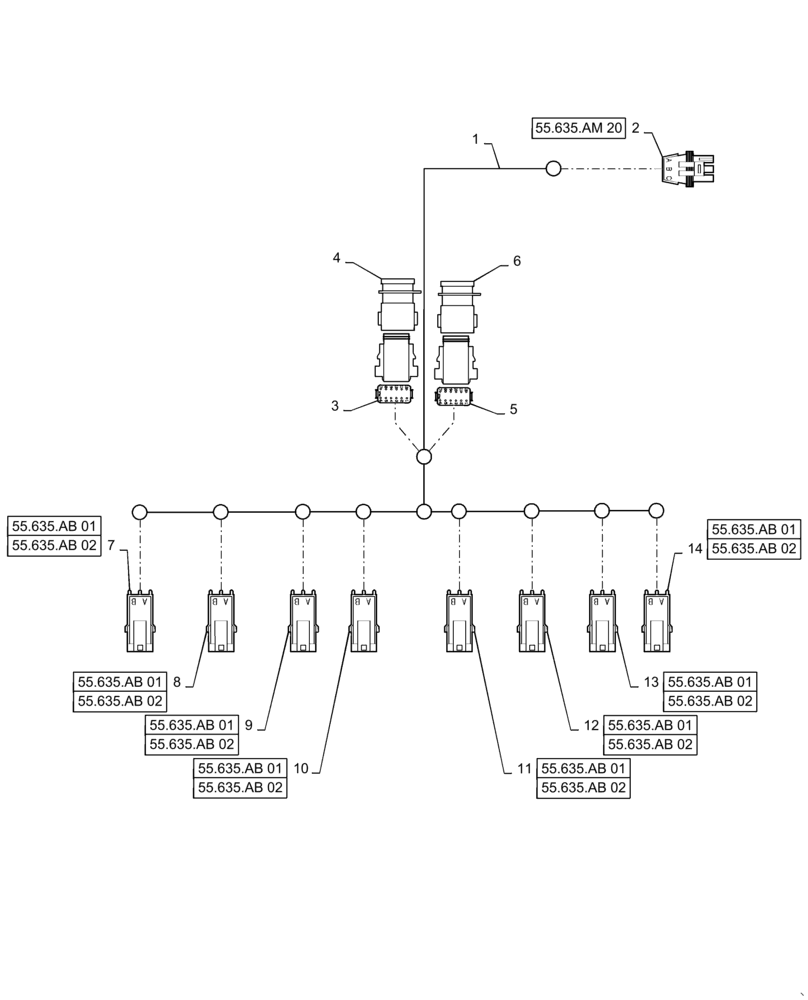 Схема запчастей Case IH PATRIOT 3340 - (55.635.AM[21]) - AIM COMMAND, 120, 7 SECTION, CENTER HARNESS, 8 NOZZLE (55) - ELECTRICAL SYSTEMS