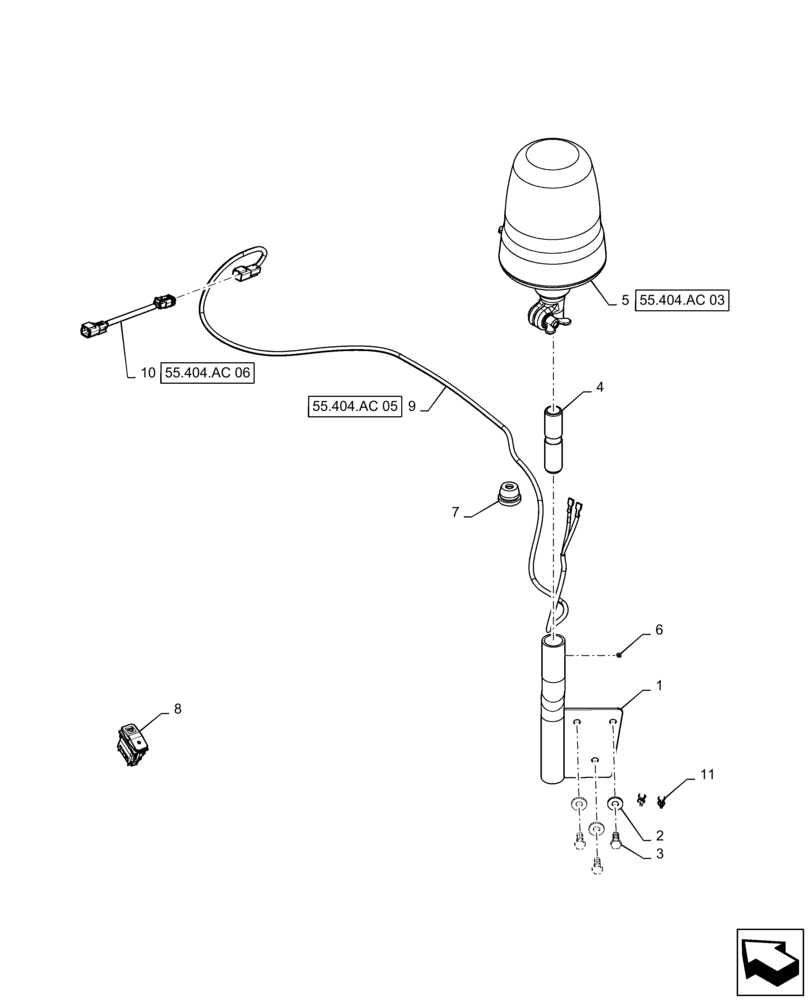 Схема запчастей Case IH PATRIOT 3340 - (55.404.AC[01]) - SINGLE BEACON LIGHT ASSEMBLY (55) - ELECTRICAL SYSTEMS